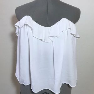 4Si3nna white ruffle strapless blouse